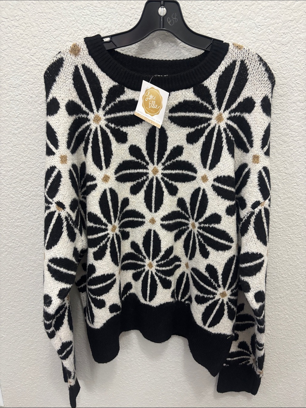 BiBi Black & White Floral Crewneck Sweater with Gold Accents